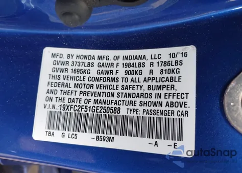 2016 Honda Civic Lx z USA, uszkodzony, nr VIN 19XFC2F51GE250588